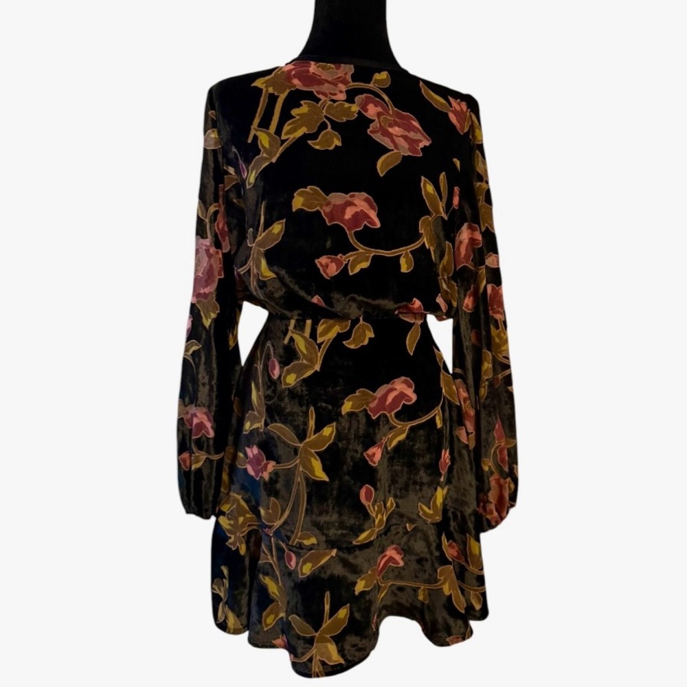 Rodeo Show Dress Size 8 Mini Black Velvet Sheer Pink Floral Bishop Sleeves NWT